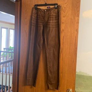 NYDJ faux leather brown skinny jeans. Great fit. Very soft , stylish and fun!